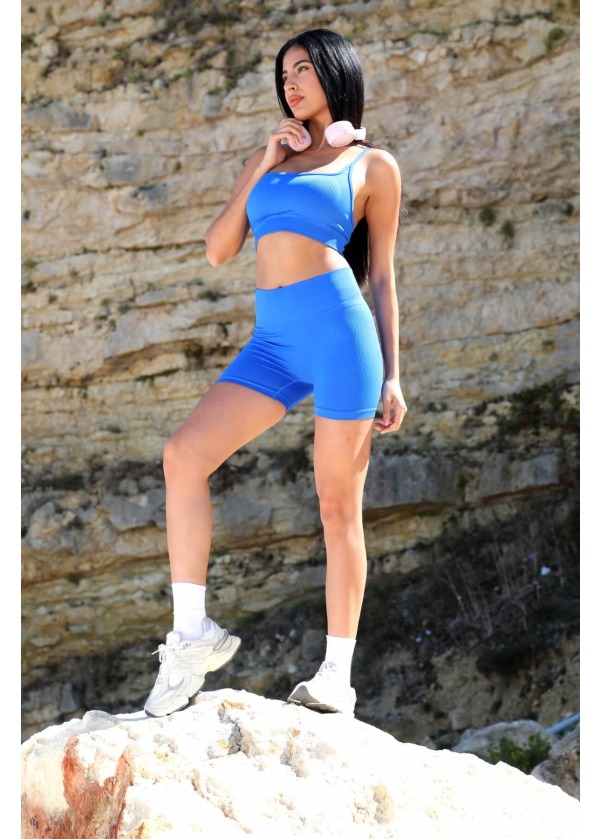 Yüksek Bel Dikişsiz Toparlayıcı Biker Şort – Mavi