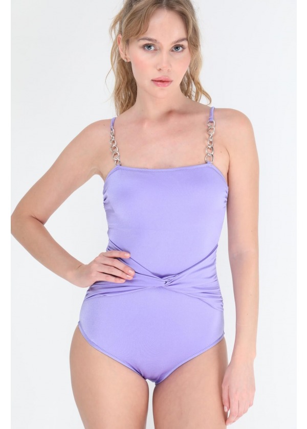 Mor Zincir Askılı Drape Detaylı Mayo