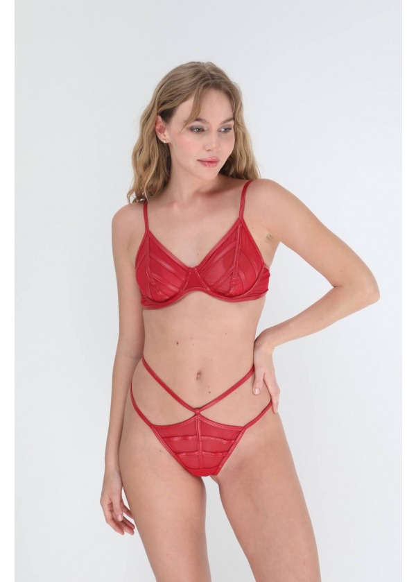 Deri Görünümlü Kırmızı Dikişli Sütyen