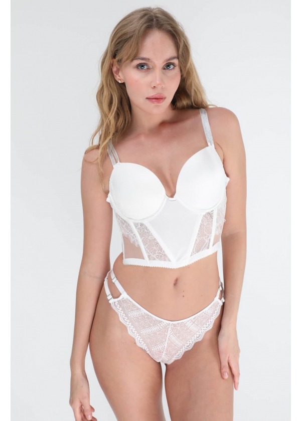 Kristal Askılı Beyaz Dantel Büstiyer 