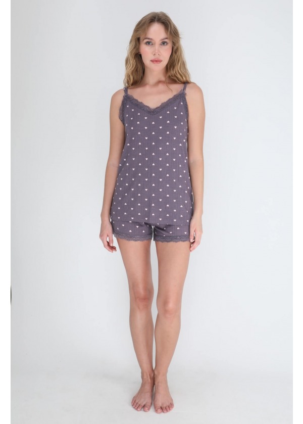Kalp Desenli Şortlu Dantelli Kadın Pijama 