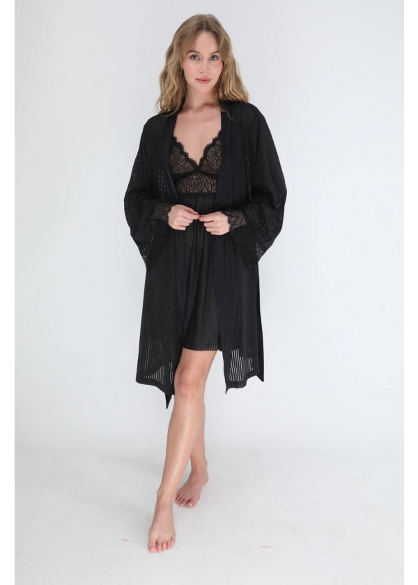 Dantel Detaylı Siyah Sabahlık 