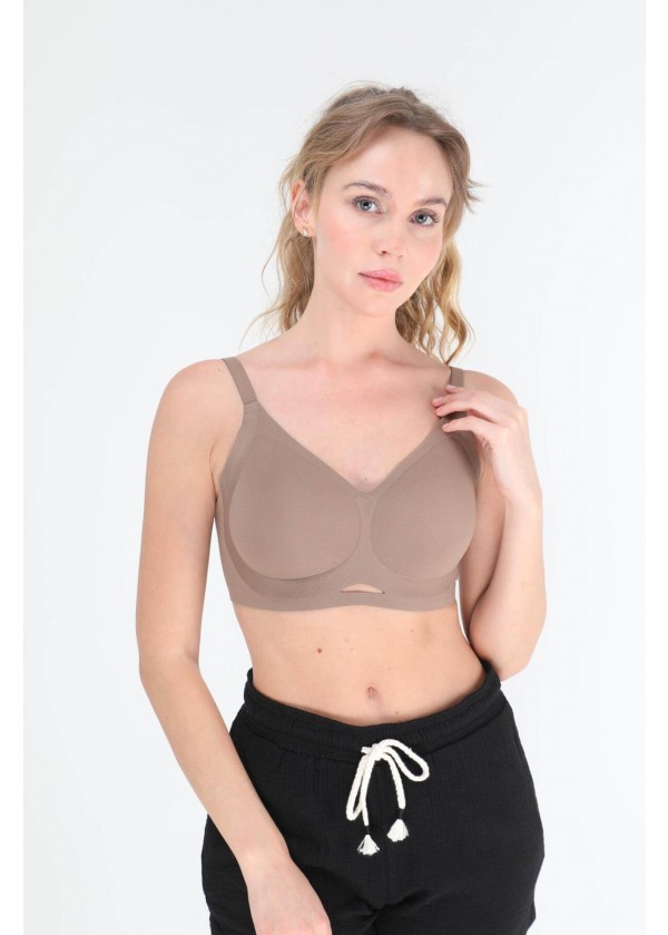 Dikişsiz Yumuşak Dokulu Spor Sütyeni - Kahverengi