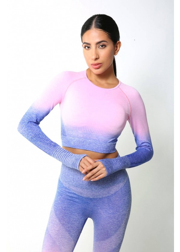 Dikişsiz Toparlayıcı Süper Esnek Uzun Kollu Crop Top – Pembe-Mavi Ombre