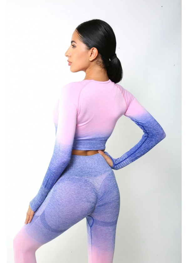 Dikişsiz Toparlayıcı Süper Esnek Yüksek Bel Tayt – Pembe-Mavi Ombre