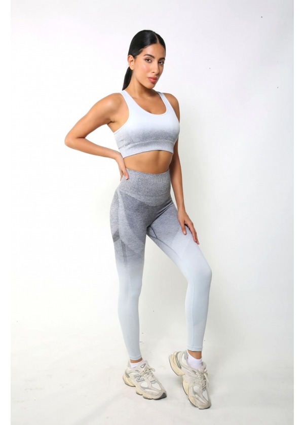 Dikişsiz Toparlayıcı Süper Esnek Yüksek Bel Tayt – Gri-Beyaz Ombre