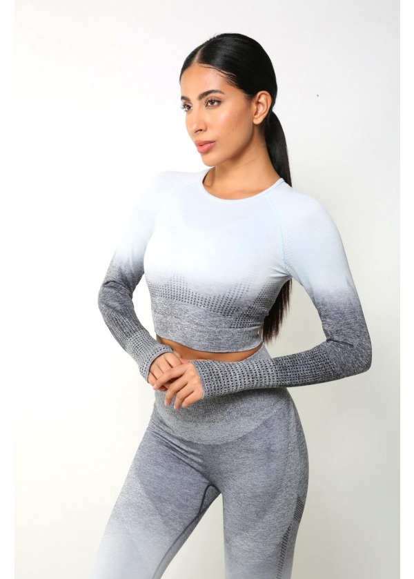 Dikişsiz Toparlayıcı Süper Esnek Uzun Kollu Crop Top – Gri-Beyaz Ombre