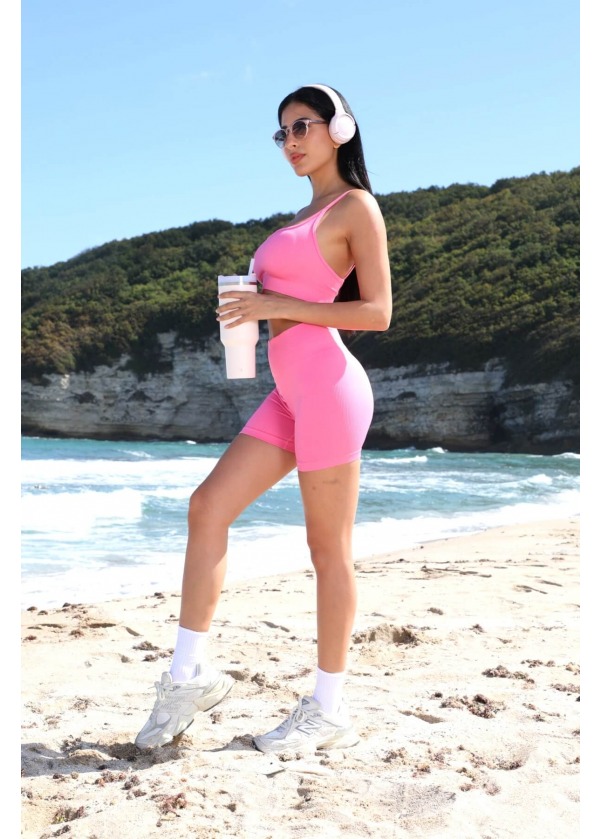 Narince Spor – Dikişsiz Toparlayıcı Yüksek Bel Spor Şort – Pembe