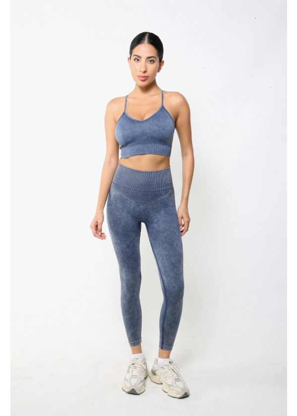 Yüksek Bel Dikişsiz Asit Yıkama Spor Tayt – Mavi İndigo