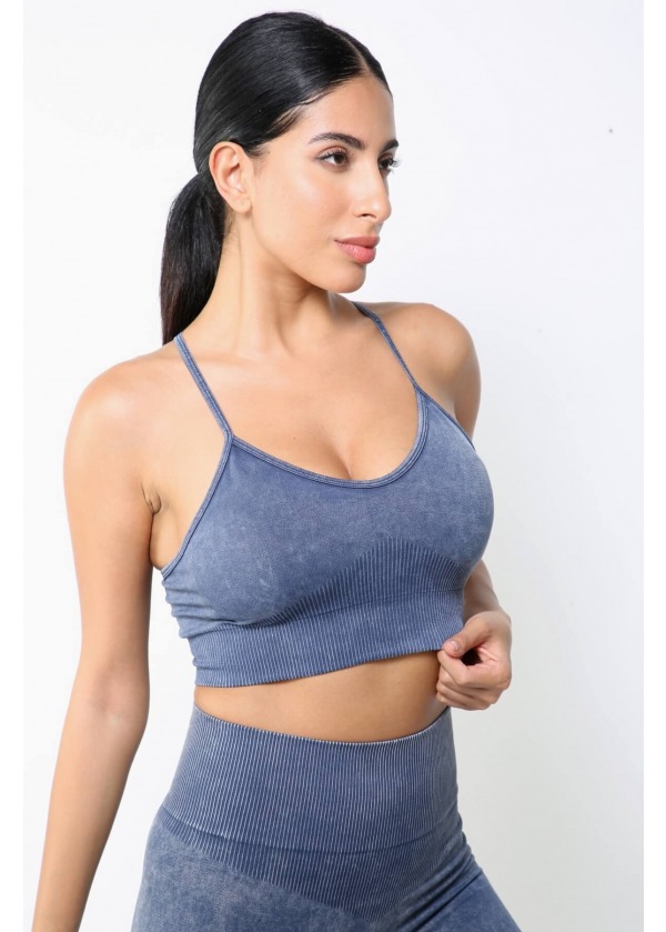 Dikişsiz İnce Askılı Asit Yıkama Spor Bra – Mavi İndigo 