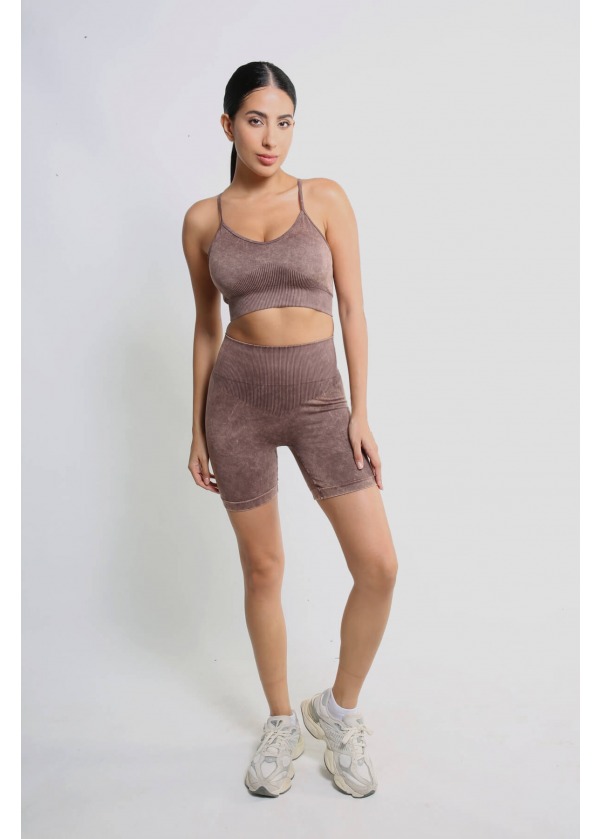 Dikişsiz Yüksek Bel Spor Şort – Kahverengi