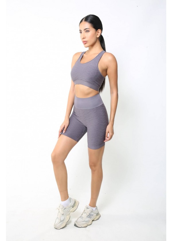 Dikişsiz Dalga Desenli Yüksek Bel Spor Şort – Gri